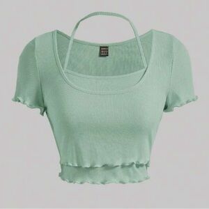 Green Ribbed Crop Top Short Sleeve